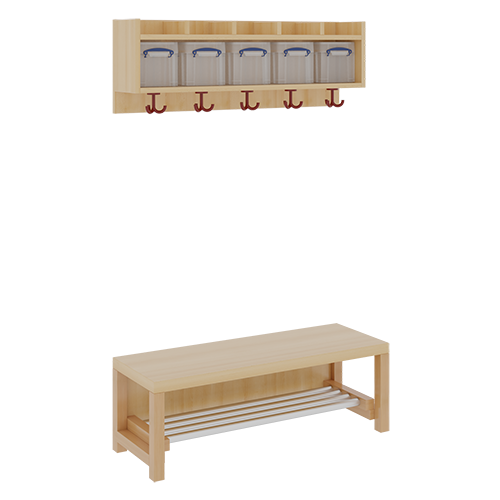 Komplettgarderobe mit einfacher Ablage inklusive Boxen B/T: 100x35 cm, 5 Plätze, Sitzhöhe 34 cm, 2teilig ohne Stütze, Ablage zur Wandmontage, Schuhrost aus Aluminiumrohren