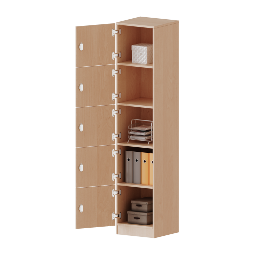 Schließfachschrank, 5 Ordnerhöhen - Serie evo180 B/H/T: 40,5x190x50 cm, 5 Schließfächer, Türen öffnen nach links, mit Sockel (81 mm)