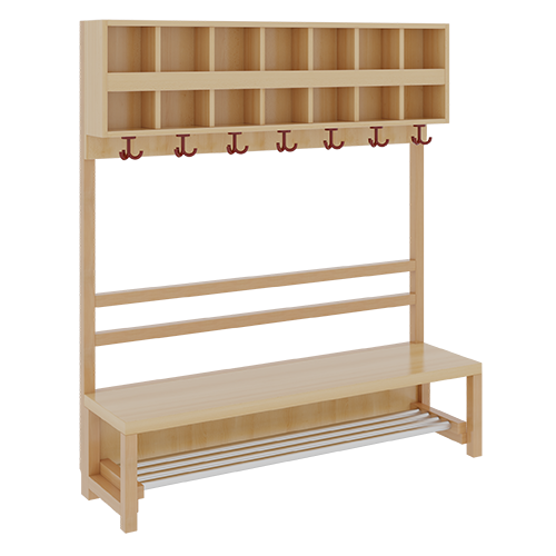 Komplettgarderobe mit doppelter Ablagereihe B/H/T: 140x158x39 cm, 7 Plätze, Sitzhöhe: 42 cm, offene Stütze in Buche-massiv, mit Schuhrost aus Aluminiumrohren