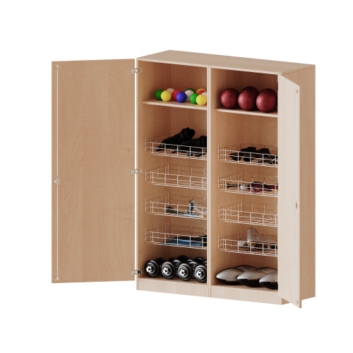 Sportschrank, 5 Ordnerhöhen - Serie evo180 B/H/T: 140,6x190x60 cm, 8 Ballkörbe, mit Sockel (81 mm)