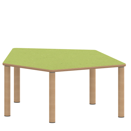 Tisch ZALOTTI mit Linoleum-Belag Fünfecktisch-klein, B/H/T: 121x25x110 cm, Massivholzbeine Ø 60 mm, Fußvariante: Stellfuß