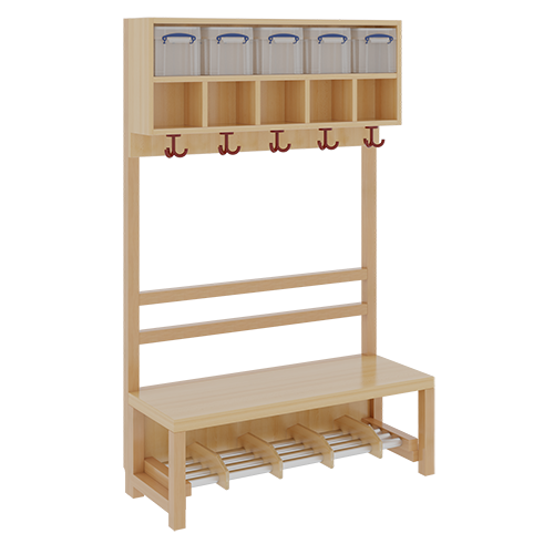 Komplettgarderobe mit doppelter Ablagereihe inklusive Boxen B/H/T: 100x158x39 cm, 5 Plätze, Sitzhöhe 42 cm, offene Stütze, Schuhrost aus Aluminiumrohren mit Trennungen