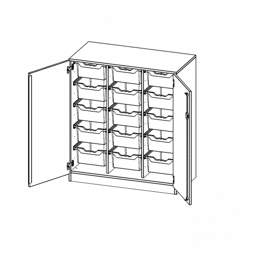 ErgoTray Schrank, dreireihig, 3 Ordnerhöhen - evo180 Serie B/H/T: 104,5x118x50 cm, zweitürig, mit Sockel (81 mm), mit 15 hohen ErgoTray Boxen