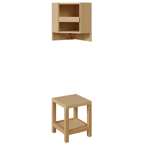 Garderoben-Innenecke, für doppelte Ablage B/T: 35x35 cm, Sitzhöhe: 26 cm, 2teilig ohne Stütze, Ablage zur Wandmontage, unter Bank Schuhablage