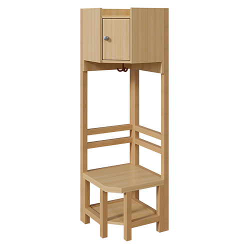 Garderoben-Innenecke mit Ablage und Tür B/H/T: 47x158x47 cm, Sitzhöhe: 42 cm, offene Stützenrahmen über Eck in Buche-massiv, Schuhablage