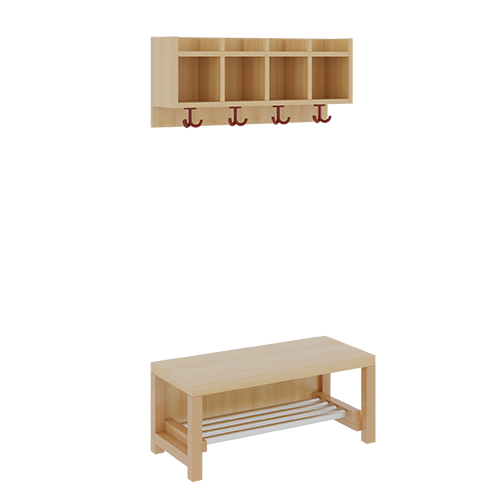 Komplettgarderobe mit einfacher Ablagereihe B/T: 80x35 cm, 4 Plätze, Sitzhöhe: 26 cm, 2teilig ohne Stütze, Ablage zur Wandmontage, mit Schuhrost aus Aluminiumrohren