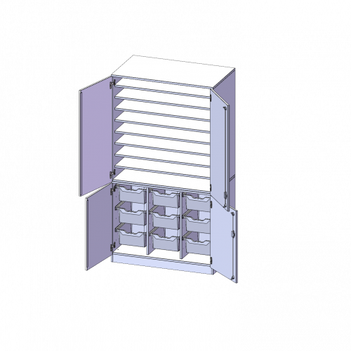 Bastelschrank, 5 Ordnerhöhen - Serie evo180 B/H/T: 104,5x190x65 cm, 4-türiger Schrank mit 9 hohen ErgoTray Boxen, zweiteilig, mit Sockel (81 mm)