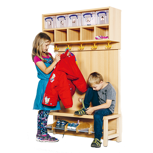 Komplettgarderobe mit doppelter Ablagereihe inklusive Boxen B/H/T: 100x158x39 cm, 5 Plätze, Sitzhöhe 34 cm, Stütze mit Paneelrückwand, Schuhrost aus Aluminiumrohren mit Trennungen