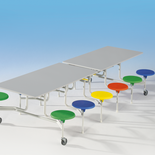 Spaceflex 2.0 Klapptisch mit integrierten Stühlen und melaminharzbeschichteter Spanplatte, rechteckig 12 Sitze, Sitzfarbe wählbar, Sitzhöhe 41 cm