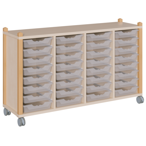 fahrbares Regal in Stollenbauweise B/H/T: 143,3x82,5x40 cm, in 4 Reihen 32 flache ErgoTray-Boxen