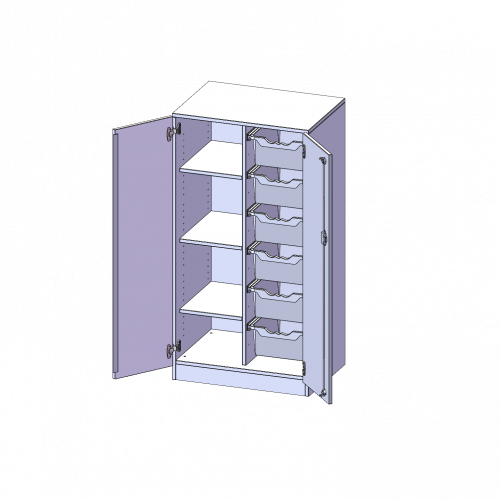 ErgoTray Schrank, zweireihig, 3,5 Ordnerhöhen - evo180 Serie B/H/T: 70,3x136x50 cm, zweitürig, mit Sockel (81 mm), mit 6 hohen ErgoTray Boxen