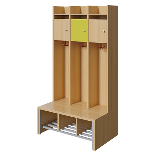 Spindgarderobe, kleine Tür B/H/T: 83x160x55 cm, 3 Plätze, Türen links, Bank aus feuerhemmendem Material, Schuhrost, 3fach-Haken