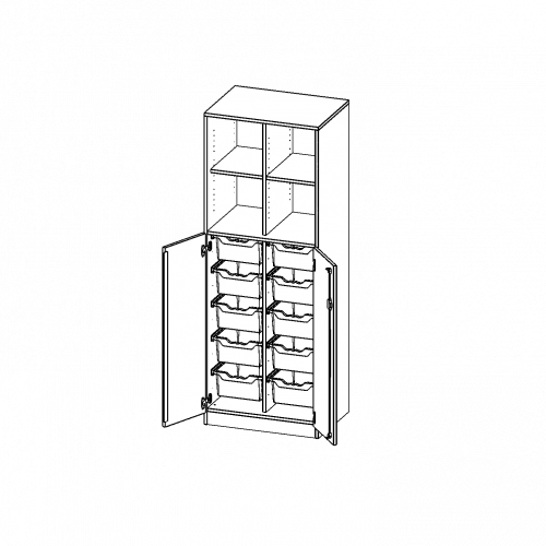 ErgoTray Kombi-Schrank, zweireihig, 5 Ordnerhöhen - evo180 Serie B/H/T: 70,3x190x50 cm, unten 3 OH Türen und 10 hohe ErgoTray Boxen, oben 2 OH Regal, Sockel, mit Mittelwand