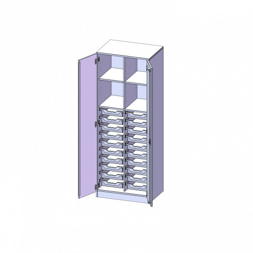 ErgoTray Schrank, zweireihig, 5 Ordnerhöhen - evo180 Serie B/H/T: 70,3x190x50 cm, zweitürig, mit Sockel (81 mm), mit Mittelwand, mit 20 flachen ErgoTray Boxen
