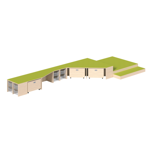 Podestanlage 10, 6teilig, mit 8 ErgoTray-Boxen, mit Linoleum-Deckplatten B/H/T: 560x13/24/46x190 cm, 6 Podestelemente in 3 verschiedenen Höhen, mit 3 verschiedenen Rollkästen