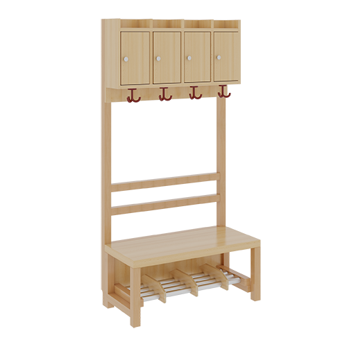 Komplettgarderobe mit Ablagen und Türen B/H/T: 80x158x39 cm, 4 Plätze, Sitzhöhe: 26 cm, offene Stütze in Buche-massiv, Schuhrost aus Aluminiumrohren mit Facheinteilungen