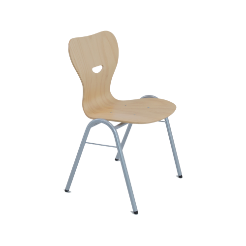 Vierbeinstuhl mit Sperrholz- Sitzschale, Sitzhöhe nach DIN Stapelbarer Vierbeinstuhl mit  Stahlrohrgestell und ergonomisch geformter Sperrholz- Sitzschale mit Griffloch