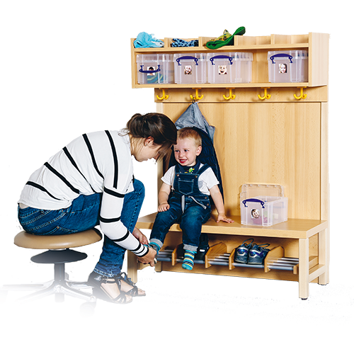 Komplettgarderobe mit einfacher Ablage inklusive Boxen B/H/T: 100x130x39 cm, 5 Plätze, Sitzhöhe 34 cm, mit Paneelrückwand, Schuhrost aus Aluminiumrohren mit Trennungen