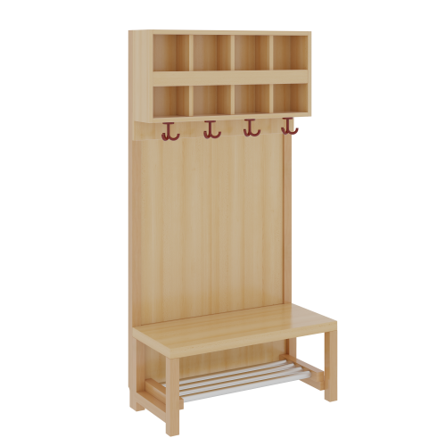 Komplettgarderobe mit doppelter Ablagereihe B/H/T: 80x158x39 cm, 4 Plätze, Sitzhöhe: 34 cm, Stütze mit Paneelrückwand in Buche-hell, mit Schuhrost aus Aluminiumrohren