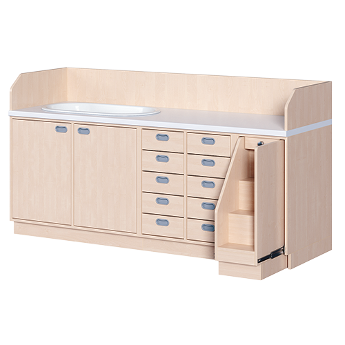 Wickelkommode, dreireihig zuzüglich Badewanne B/H/T: 213x113x91,5 cm, Ausziehbarer Aufstieg rechts, 10 Schübe und Badewanne links