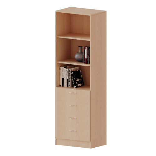Schubladen - Kombischrank, 5 Ordnerhöhen - Serie evo180 Breite 60 cm, Gesamthöhe 190 cm, 4 Schubladen unten, oben 3 offene Fächer, mit Sockel (81 mm)