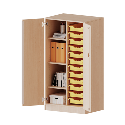 ErgoTray Schrank, zweireihig, 3,5 Ordnerhöhen - evo180 Serie B/H/T: 70,3x136x50 cm, zweitürig, mit Sockel (81 mm), mit 12 flachen ErgoTray Boxen