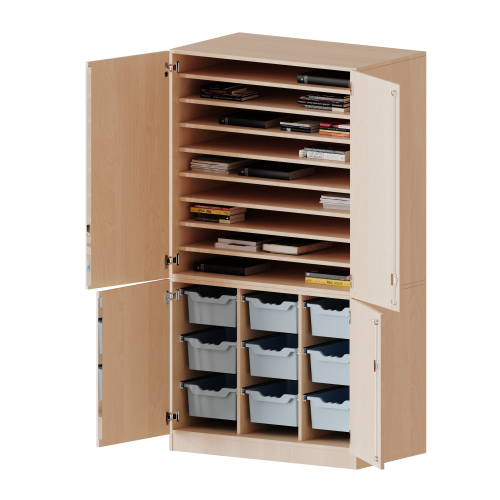 Bastelschrank, 5 Ordnerhöhen - Serie evo180 B/H/T: 104,5x190x65 cm, 4-türiger Schrank mit 9 hohen ErgoTray Boxen, zweiteilig, mit Sockel (81 mm)
