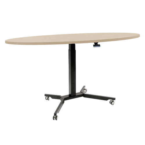 Sitz- / Stehtisch mit Vollkernplatte B/H/T: 130x70-111x80 cm, fahrbarer und höhenverstellbarer Tisch in Ovalform mit Vollkernplatte
