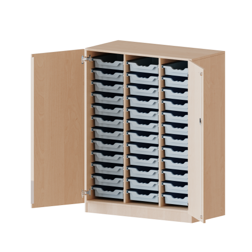 ErgoTray Schrank, dreireihig, 3,5 Ordnerhöhen - evo180 Serie B/H/T: 104,5x136x50 cm, zweitürig, mit Sockel (81 mm), mit 36 flachen ErgoTray Boxen
