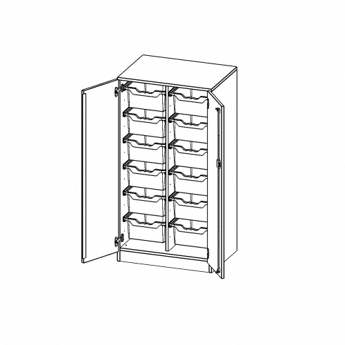 ErgoTray Schrank, zweireihig, 3,5 Ordnerhöhen - evo180 Serie B/H/T: 70,3x136x50 cm, zweitürig, mit Sockel (81 mm), mit 12 hohen ErgoTray Boxen