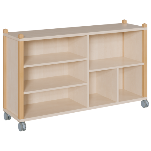 fahrbares Regal in Stollenbauweise B/H/T: 143,3x82,5x40 cm, mit 6 Fächern in unterschiedlicher und variabler Größe, asymmetrische Aufteilung