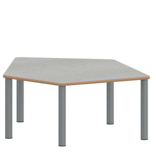 Tisch ZALOTTI mit Linoleum-Belag Fünfecktisch-klein, B/H/T: 121x71x110 cm, Stahlrohrbeine Ø 60 mm, Fußvariante: Stellfuß, Tischbeine mit RAL-Farbe 9006 (weißaluminium)