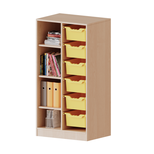 ErgoTray Regal, zweireihig, 3,5 Ordnerhöhen - evo180 Serie B/H/T: 70,3x136x40 cm, mit Sockel (81 mm), links 4 Fächer, rechts 6 hohe ErgoTray Boxen