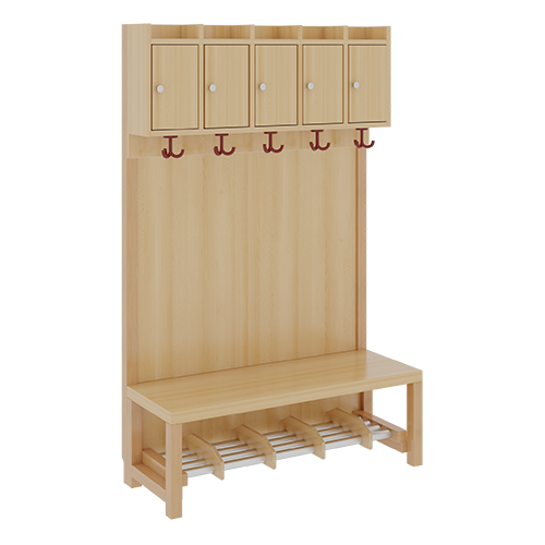 Komplettgarderobe mit Ablagen und Türen B/H/T: 100x158x39 cm, 5 Plätze, Sitzhöhe: 34 cm, Stütze mit Paneelrückwand, Schuhrost aus Aluminiumrohren mit Facheinteilungen