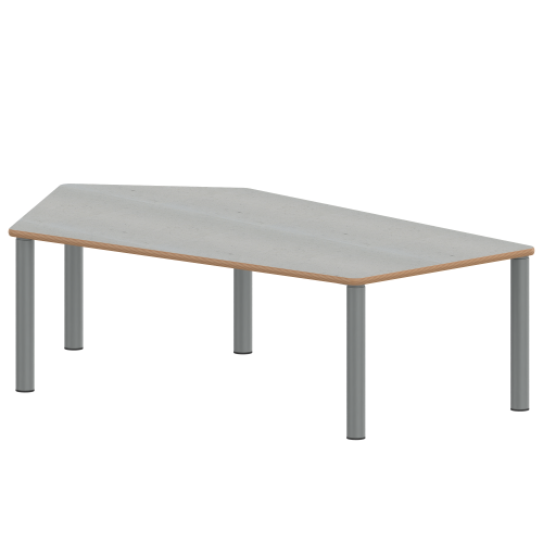 Tisch ZALOTTI mit Linoleum-Belag Fünfecktisch-groß, B/H/T: 185x76x104 cm, Stahlrohrbeine Ø 60 mm, Fußvariante: Stellfuß, Tischbeine mit RAL-Farbe 9006 (weißaluminium)