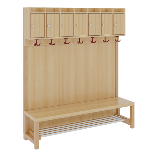 Komplettgarderobe mit Ablagen und Türen B/H/T: 140x158x39 cm, 7 Plätze, Sitzhöhe: 34 cm, Stütze mit Paneelrückwand, mit Schuhrost aus Aluminiumrohren
