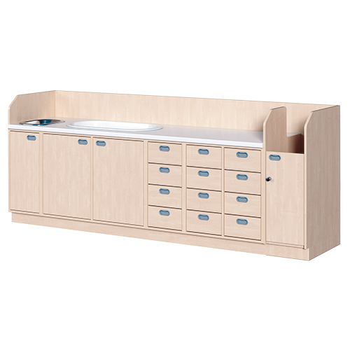 Wickelkommode, vierreihig zuzüglich Badewanne und Waschbecken B/H/T: 285x113x91,5 cm, Integrierter Aufgang rechts, 12 Schübe und Badewanne, Waschbecken links