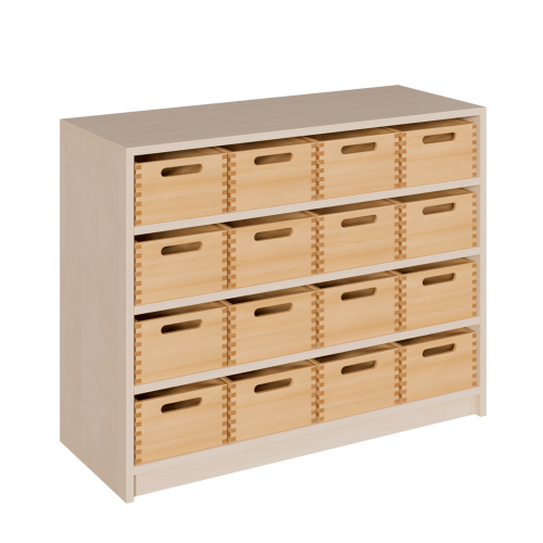 Regal mit Holzkästen, 2 Ordnerhöhen - Serie evo180 B/H/T: 100x82x40 cm, mit 16 Materialkästen ohne Sichtfenster, mit Sockel (81 mm)