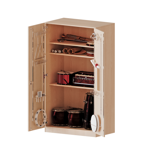 Musikschrank, 5 Ordnerhöhen - Serie evo180 B/H/T: 104,5x190x60 cm, Türen mit Instrumentenhalterungen, mit Sockel (81 mm)