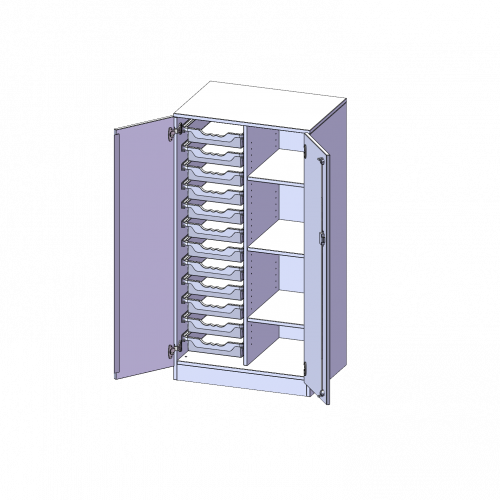 ErgoTray Schrank, zweireihig, 3,5 Ordnerhöhen - evo180 Serie B/H/T: 70,3x136x50 cm, zweitürig, mit Sockel (81 mm), mit 12 flachen ErgoTray Boxen