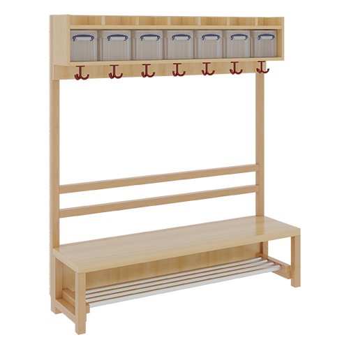 Komplettgarderobe mit einfacher Ablage inklusive Boxen B/H/T: 140x130x39 cm, 7 Plätze, Sitzhöhe: 34 cm, offene Stütze in Buche-massiv, mit Schuhrost aus Aluminiumrohren