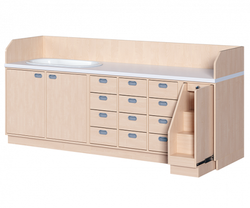 Wickelkommode, vierreihig zuzüglich Badewanne B/H/T: 249x113x71,5 cm, Ausziehbarer Aufstieg rechts, 12 Schübe und Badewanne links