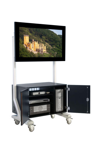 TV Wagen, TV Rack für Fernseher bis 70 Zoll mit großem Unterschrank, Glastüren ScreenCart XL, neigbare Halterung