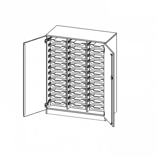 ErgoTray Schrank, dreireihig, 3,5 Ordnerhöhen - evo180 Serie B/H/T: 104,5x136x50 cm, zweitürig, mit Sockel (81 mm), mit 36 flachen ErgoTray Boxen