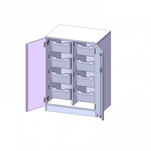 ErgoTray Schrank, zweireihig, 2,5 Ordnerhöhen - evo180 Serie B/H/T: 70,3x100x50 cm, zweitürig, mit Sockel (81 mm), mit 8 hohen ErgoTray Boxen