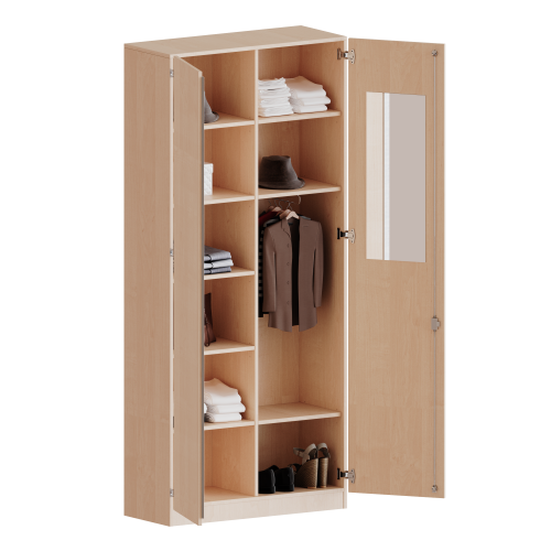 Garderobenschrank mit Spiegel und Garderobenstange, 6 Ordnerhöhen - Serie evo180 Gesamthöhe 226 cm, 2 Türen, abschließbar, eine Seite Garderobe, eine Seite Fachböden, Sockel