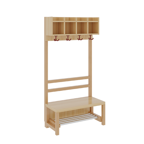 Komplettgarderobe mit einfacher Ablagereihe B/H/T: 80x158x39 cm, 4 Plätze, Sitzhöhe: 42 cm, offene Stütze in Buche-massiv, mit Schuhrost aus Aluminiumrohren