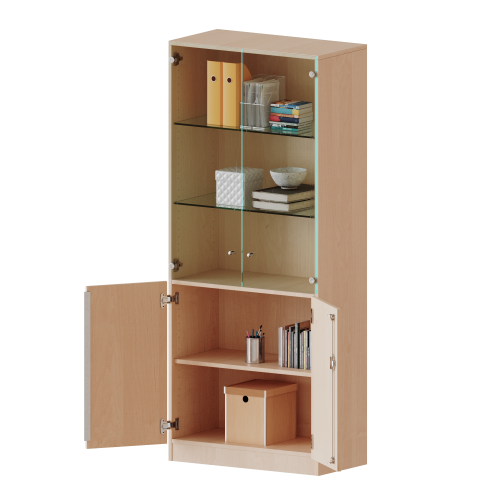 Schrank, 5 Ordnerhöhen, unten Türen (2 OH), oben Vitrinentüren (3 OH) - Serie evo180 B/H/T: 100x190x50 cm, 2 geschlossene und 2 Glastüren, abschließbar, mit Sockel (81 mm)