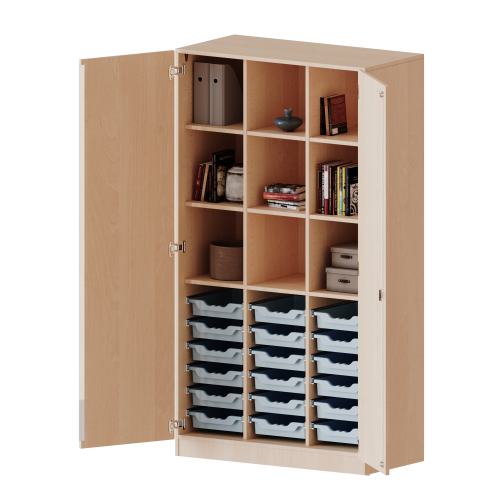 ErgoTray Schrank, dreireihig, 5 Ordnerhöhen - evo180 Serie B/H/T: 104,5x190x50 cm, zweitürig, mit Sockel (81 mm), mit 2 Mittelwänden, mit 18 flachen ErgoTray Boxen