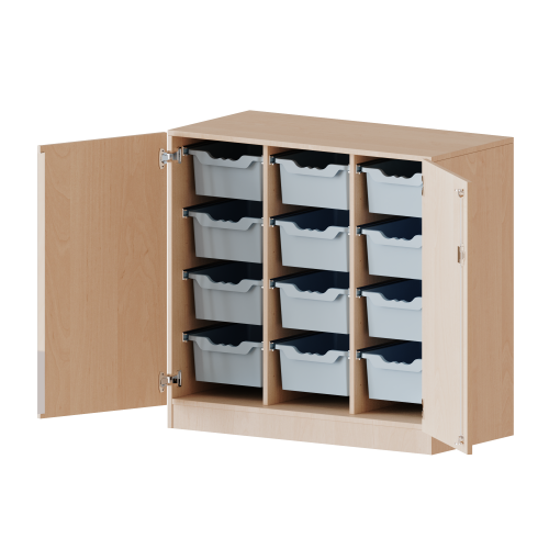 ErgoTray Schrank, dreireihig, 2,5 Ordnerhöhen - evo180 Serie B/H/T: 104,5x100x50 cm, zweitürig, fahrbar, mit 12 hohen ErgoTray Boxen